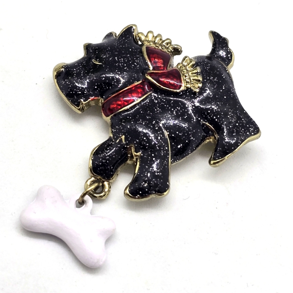 Vintage Enamel Scottie Scottish Terrier Dog Bone Brooch Pin Black Enamel Red Bow